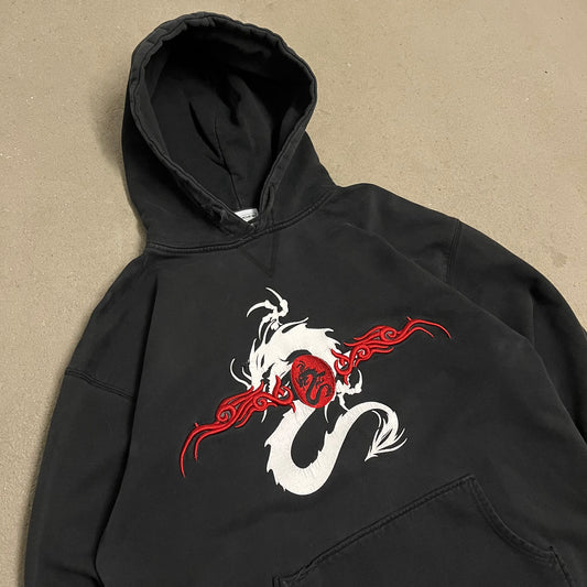 Vintage Y2K Black Fishbone Dragon Tribal Hoodie - L