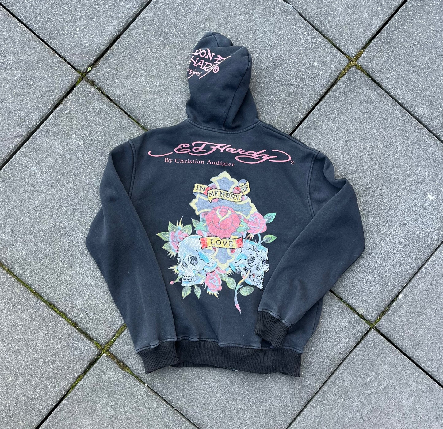 Vintage Y2K Black Faded Ed Hardy Zip Hoodie - L (W)