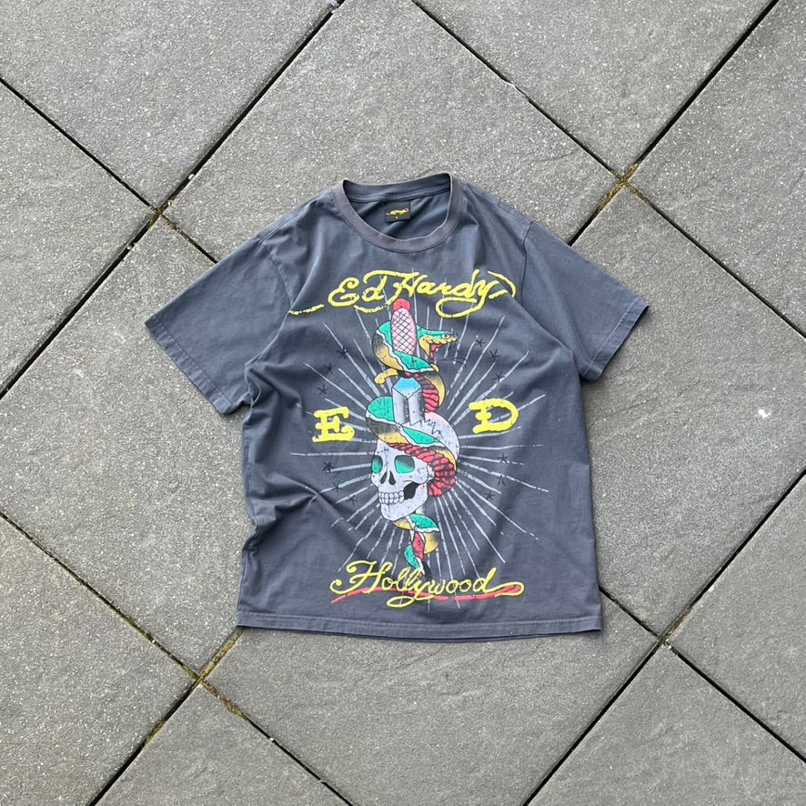 Vintage Y2K Grey Faded Ed Hardy Tee - L