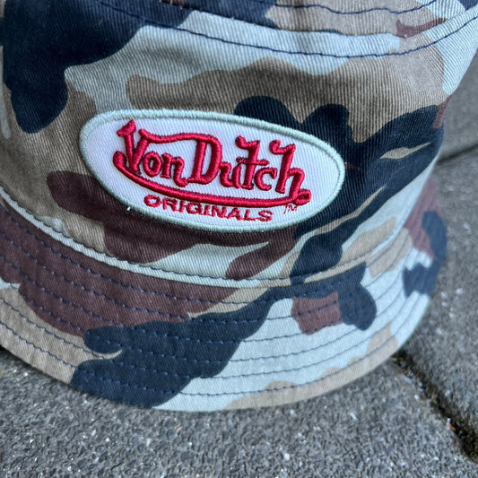 Vintage Y2K Brown Camo Von Dutch Bucket Hat