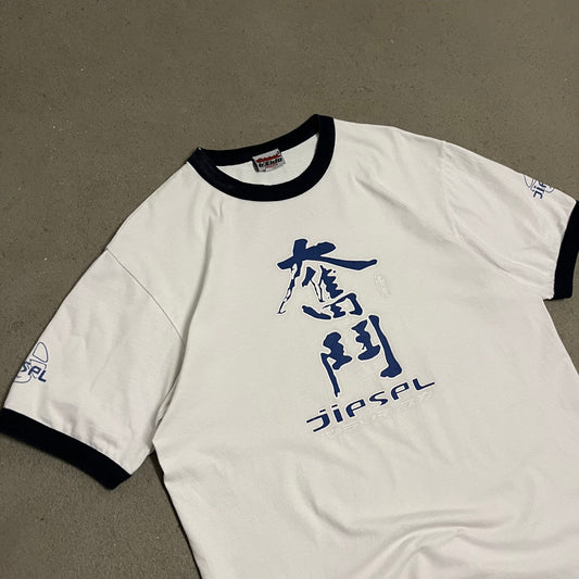 Vintage Y2K White Blue Diesel Ringer Tee - L