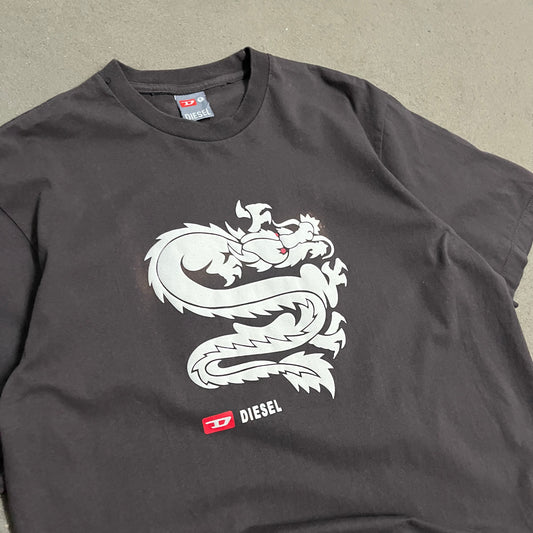 Vintage Y2K Grey Diesel Dragon Tee - L