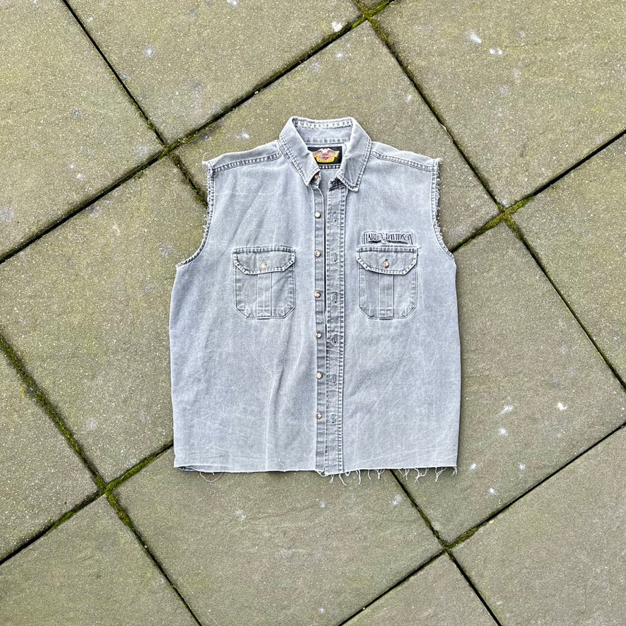 Vintage Black Faded Harley Davidson Cut Off Shirt - L