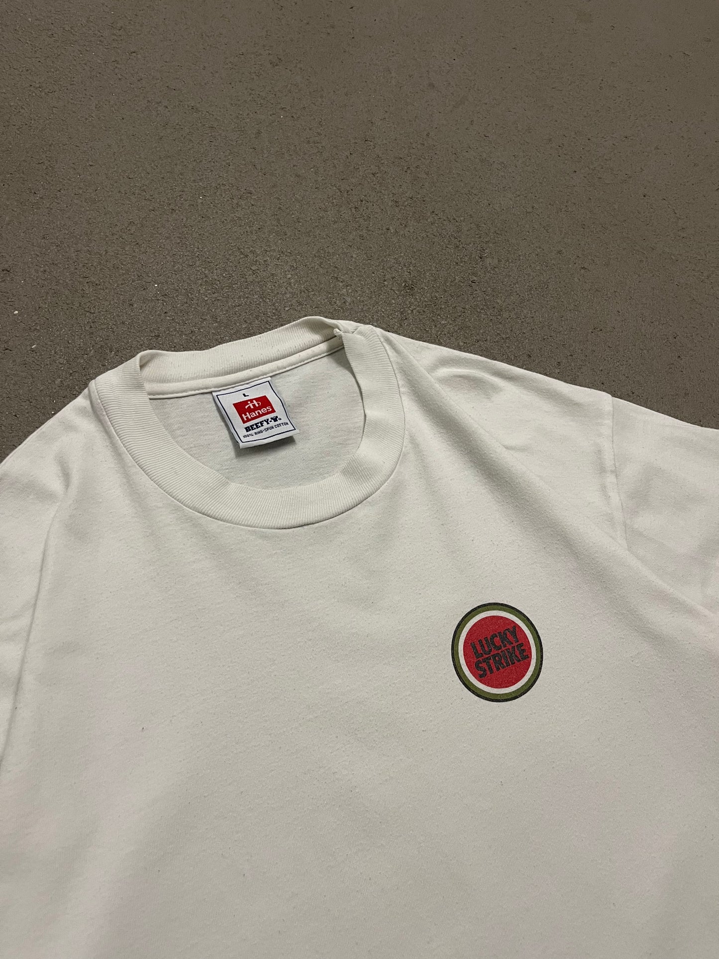 Vintage White Hanes Beefy Lucky Strike Tee - L