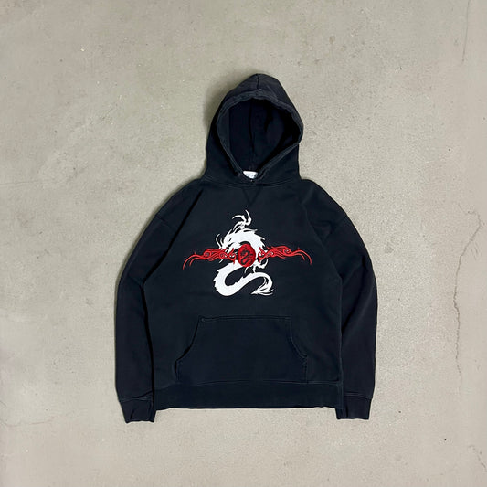 Vintage Y2K Black Fishbone Dragon Tribal Hoodie - L