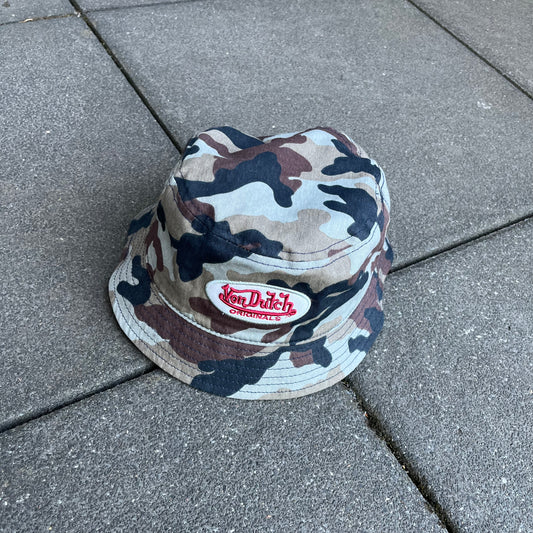 Vintage Y2K Brown Camo Von Dutch Bucket Hat