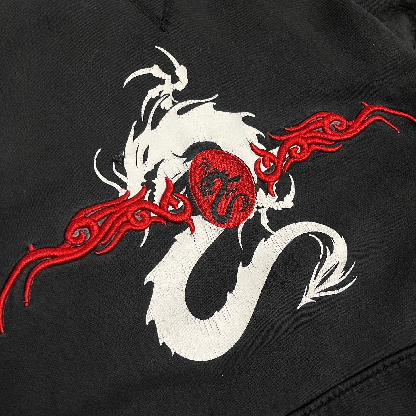 Vintage Y2K Black Fishbone Dragon Tribal Hoodie - L