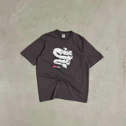 Vintage Y2K Grey Diesel Dragon Tee - L
