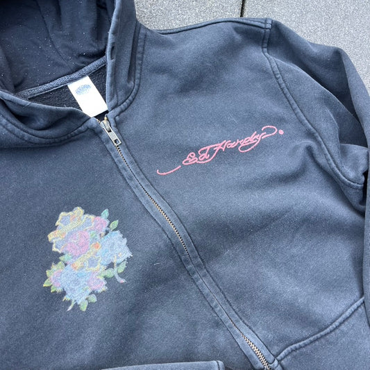 Vintage Y2K Black Faded Ed Hardy Zip Hoodie - L (W)