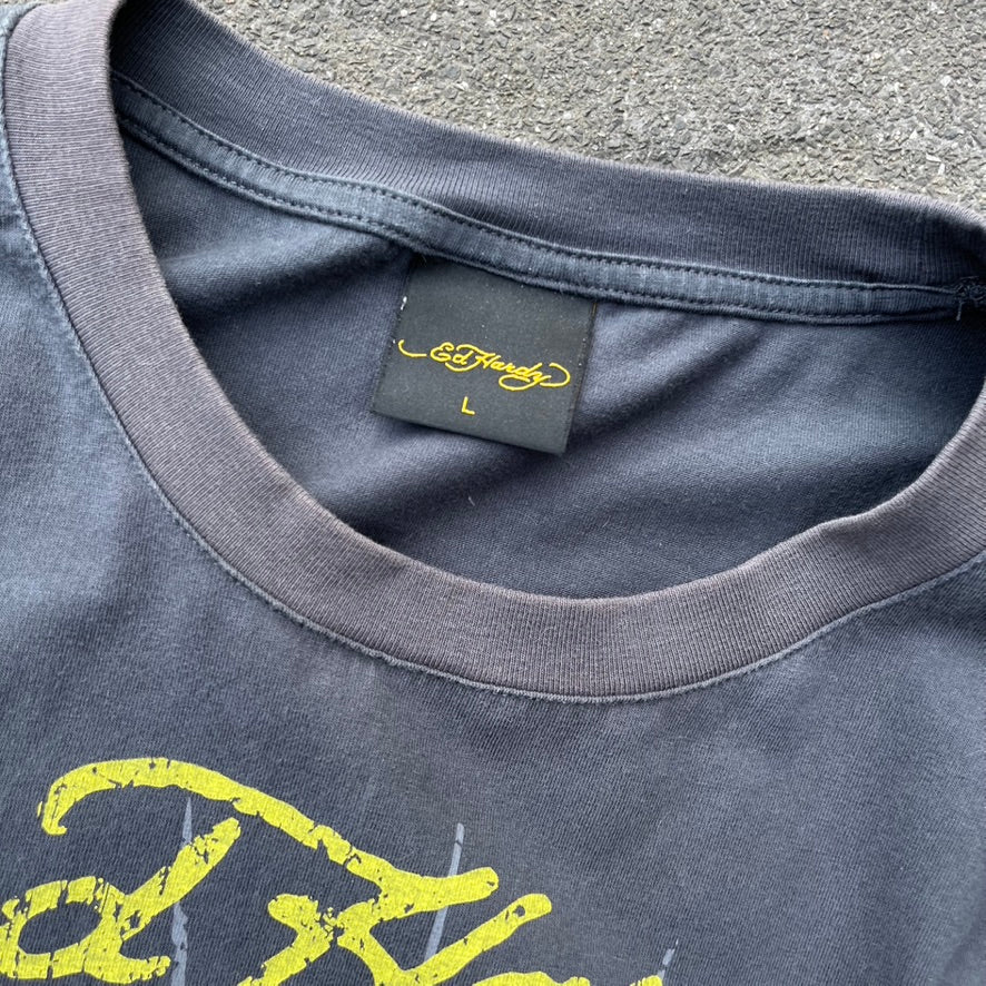 Vintage Y2K Grey Faded Ed Hardy Tee - L