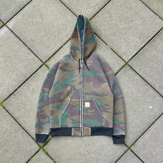 Green Camo Faded Carhartt Hooded Jacket - L