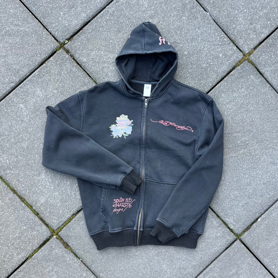 Vintage Y2K Black Faded Ed Hardy Zip Hoodie - L (W)