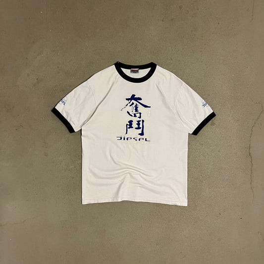 Vintage Y2K White Blue Diesel Ringer Tee - L