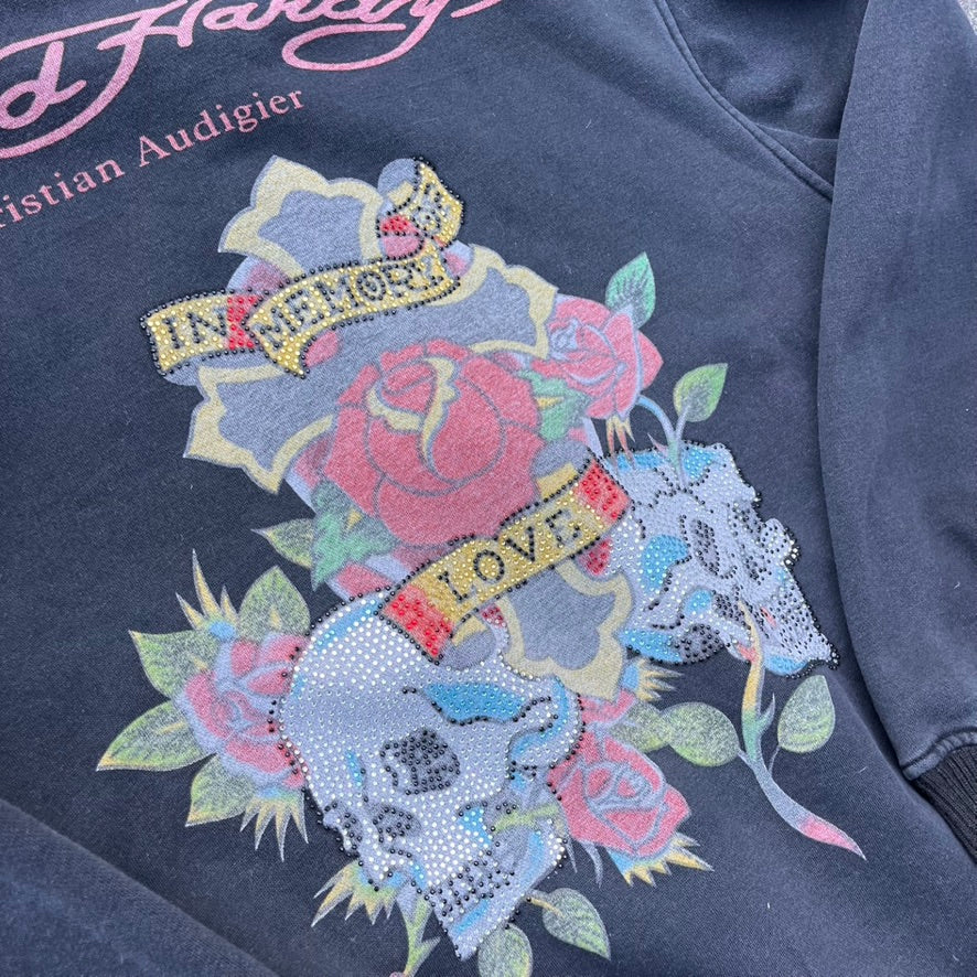 Vintage Y2K Black Faded Ed Hardy Zip Hoodie - L (W)