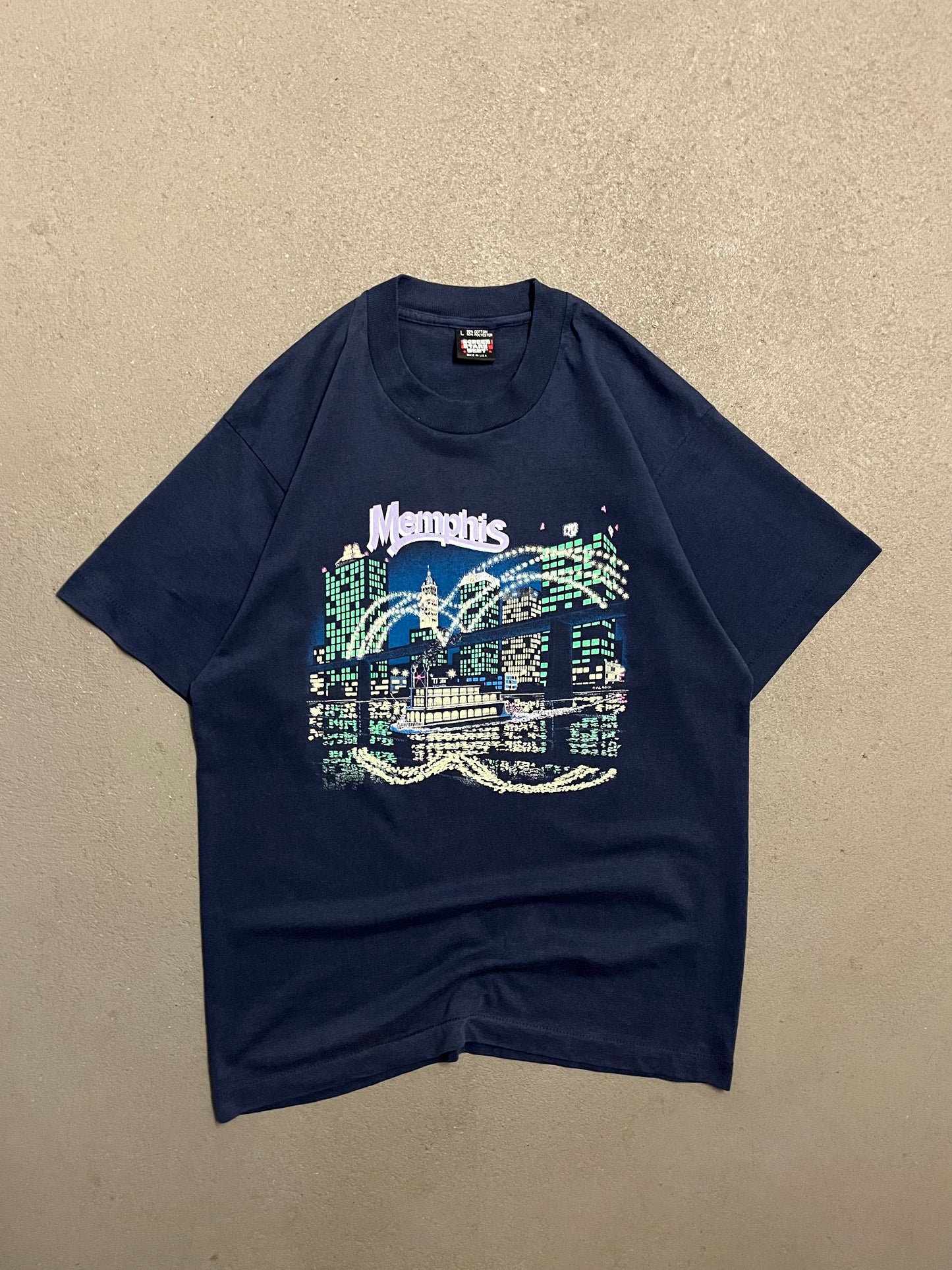 Vintage Blue Screenstars Memphis Tee Made in USA - L