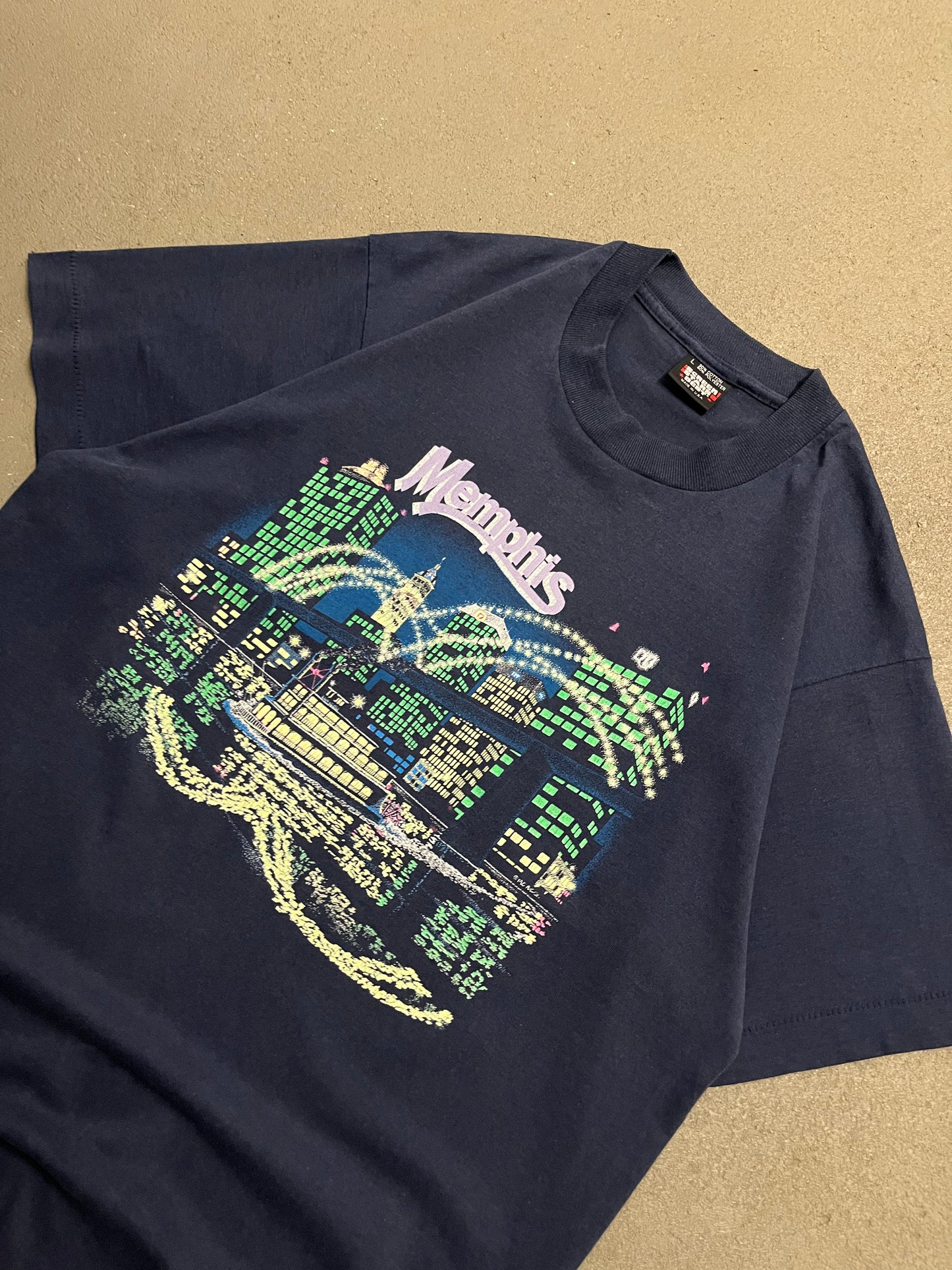 Vintage Blue Screenstars Memphis Tee Made in USA - L