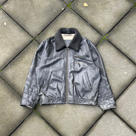 Vintage Black Faded Wrangler Leather Jacket - L