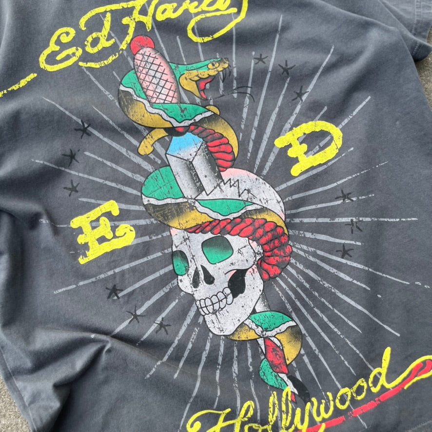 Vintage Y2K Grey Faded Ed Hardy Tee - L