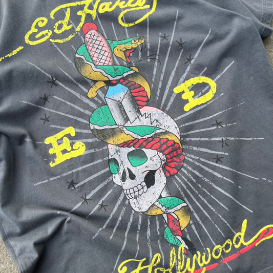 Vintage Y2K Grey Faded Ed Hardy Tee - L